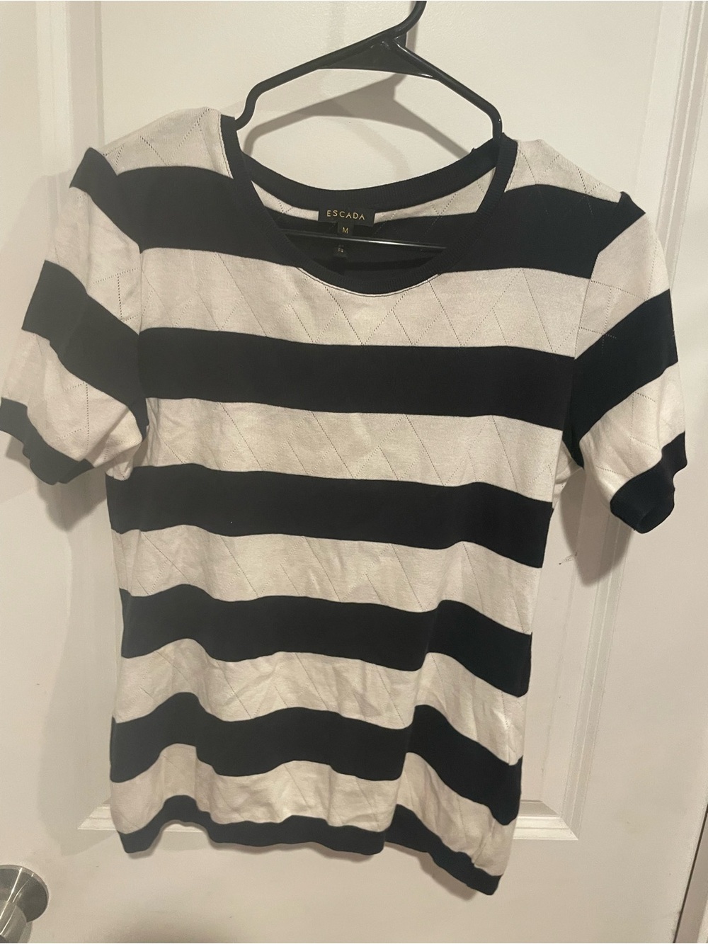 Escada‎ Blue and White Wide Stripe Short Sleeve Knit Top Size Medium